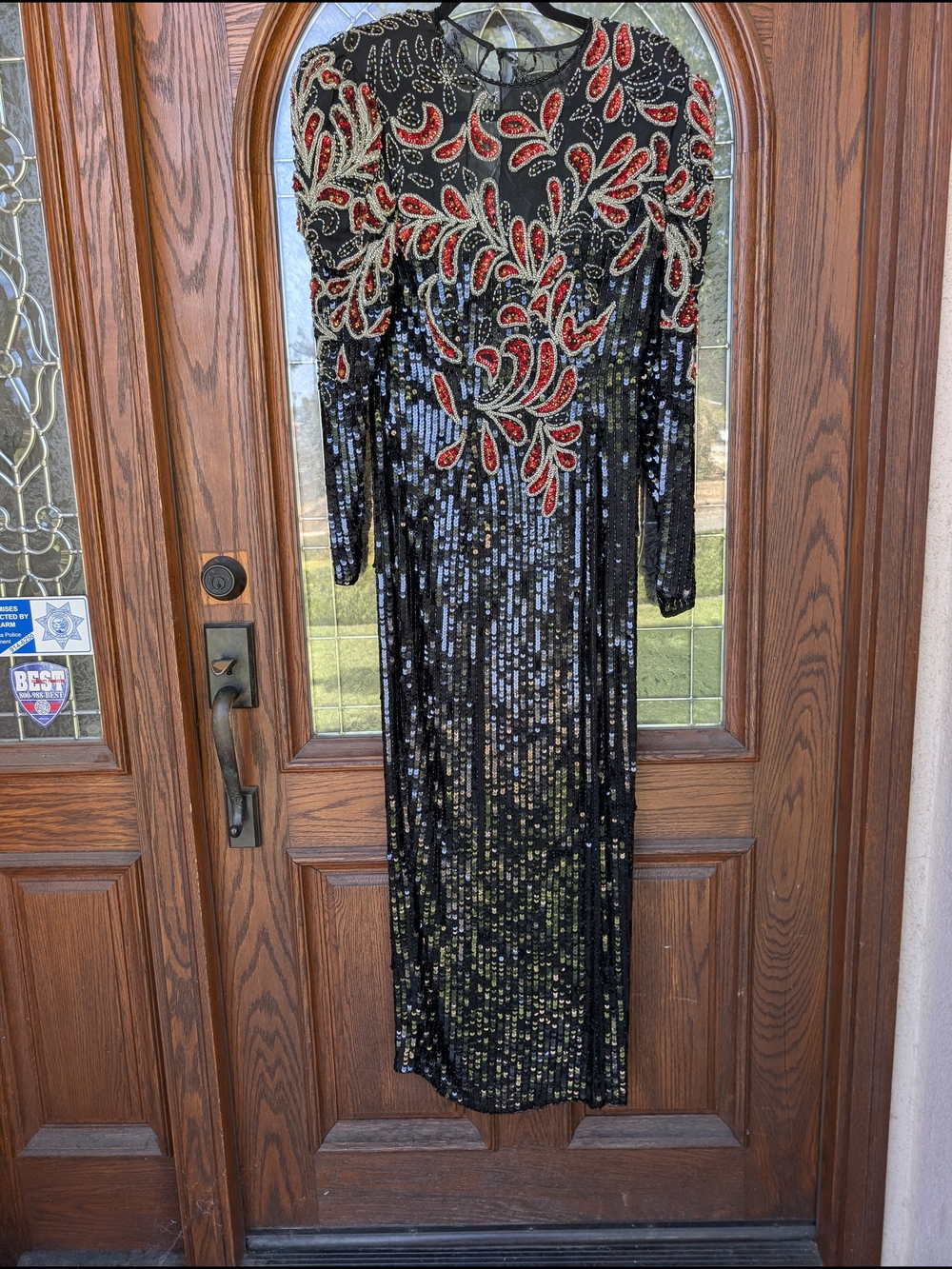 Nite Line Black Sequin Long-Sleeve Evening Gown with Red and Gold Embellishment